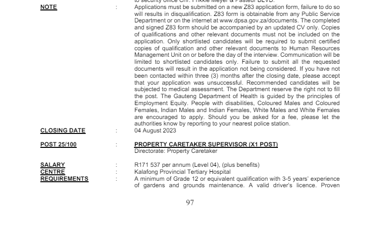 PROPERTY CARETAKER SUPERVISOR (X1 POST)- DEPARTMENT OF HEALTH