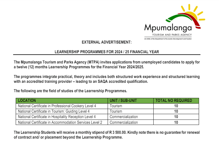 X40 Learnerships At Mpumalanga Tourism and Parks Agency posts